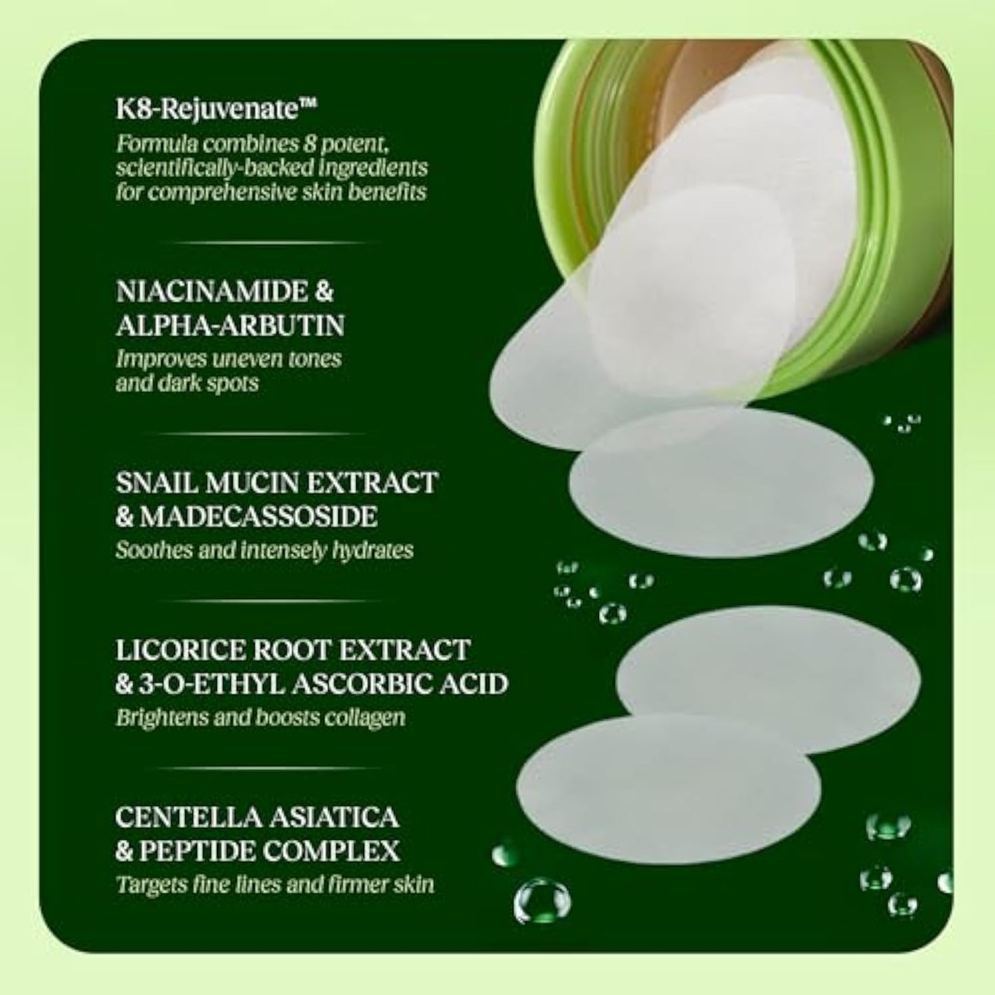 JiYu Korean Skincare Anti-Aging Toner Pads with Snail Mucin, Centella Asiatica, Niacinamide, Peptide Complex - 100 ct.