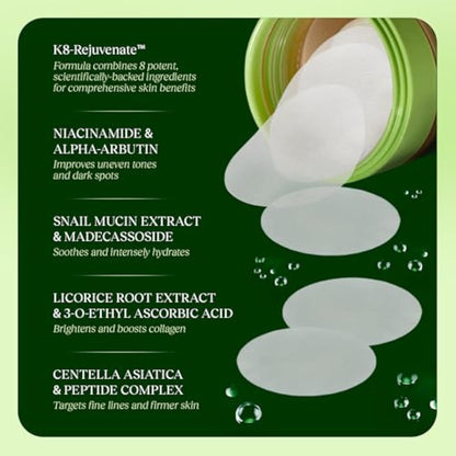 JiYu Korean Skincare Anti-Aging Toner Pads with Snail Mucin, Centella Asiatica, Niacinamide, Peptide Complex - 100 ct.
